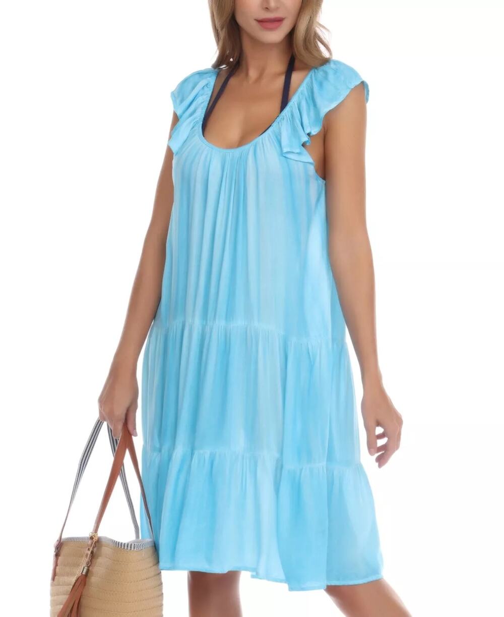 Raviya Womens Tie-Dye Cover UP Dress Size S Blue Flutter Sleeve Tiered New